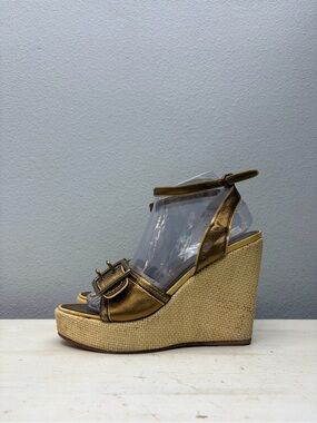 Coach Metallic Good Leather Platform Wedge Sandals Size 8